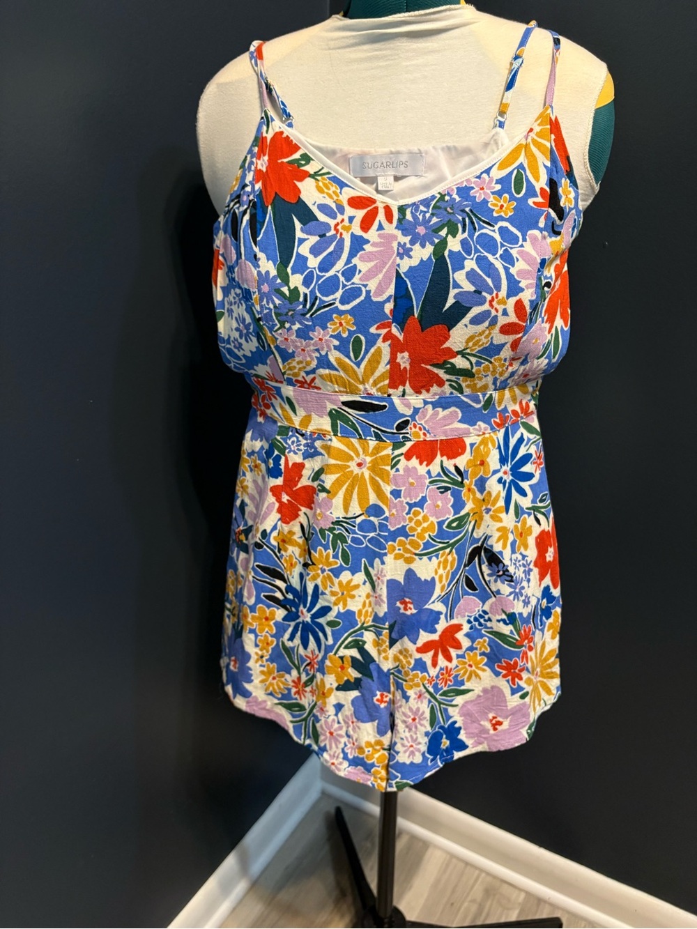 Sugarlips Floral Spaghetti-Strap Romper in Red Blue Yellow Pink